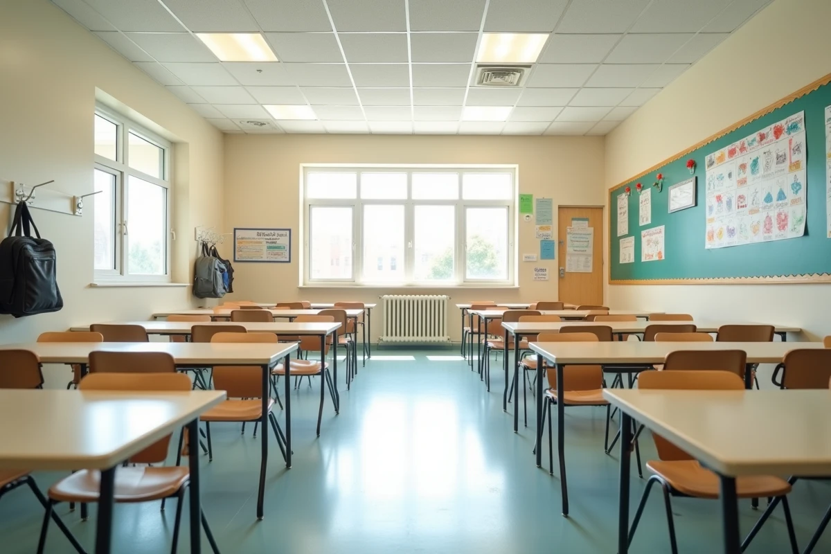 Salle de cantine scolaire vide avec tables et chaises prêtes pour le repas des élèves
