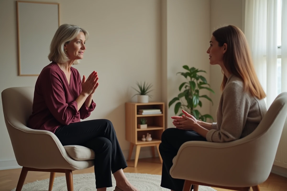 Séance de thérapie entre une femme et sa thérapeute, espace de parole bienveillant pour se reconstruire après les comportements d'un conjoint alcoolique