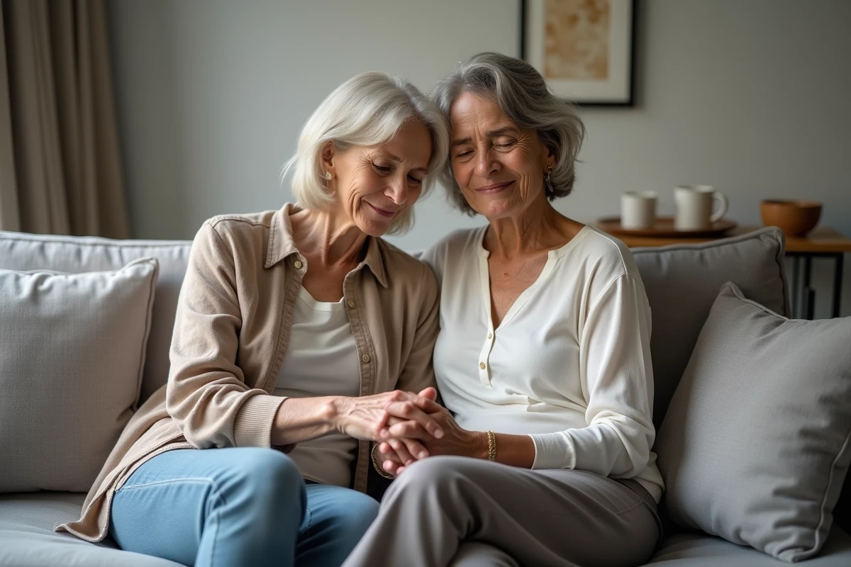 Deux femmes se tenant les mains en signe de soutien après le deuil d'une mère