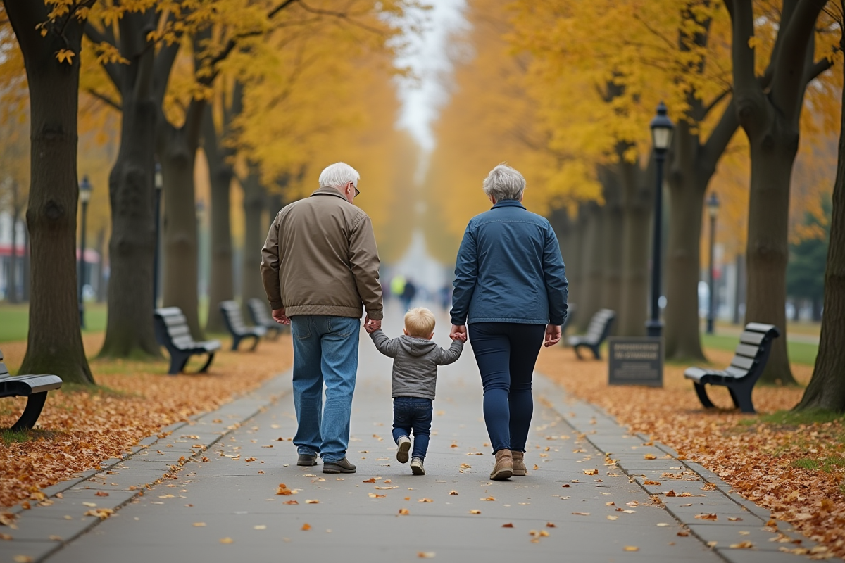 Trois générations marchant dans un parc automnal