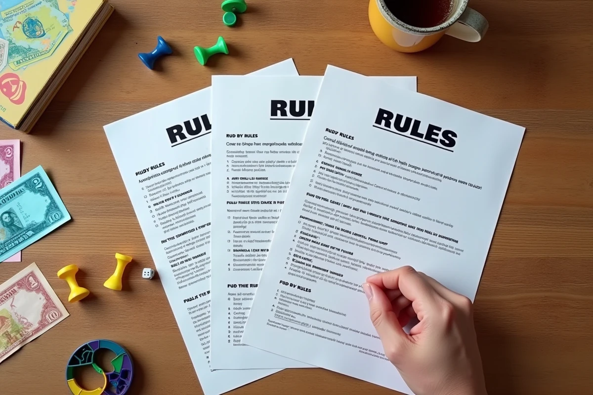 Vue de dessus des règles de la Bonne Paye imprimées avec des billets de jeu et des pions sur une table en bois