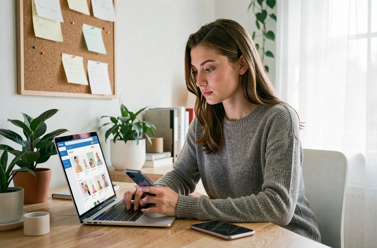 Une jeune femme utilise la plateforme Yoopies sur son ordinateur portable pour trouver une baby-sitter, dans un bureau à domicile moderne et épuré